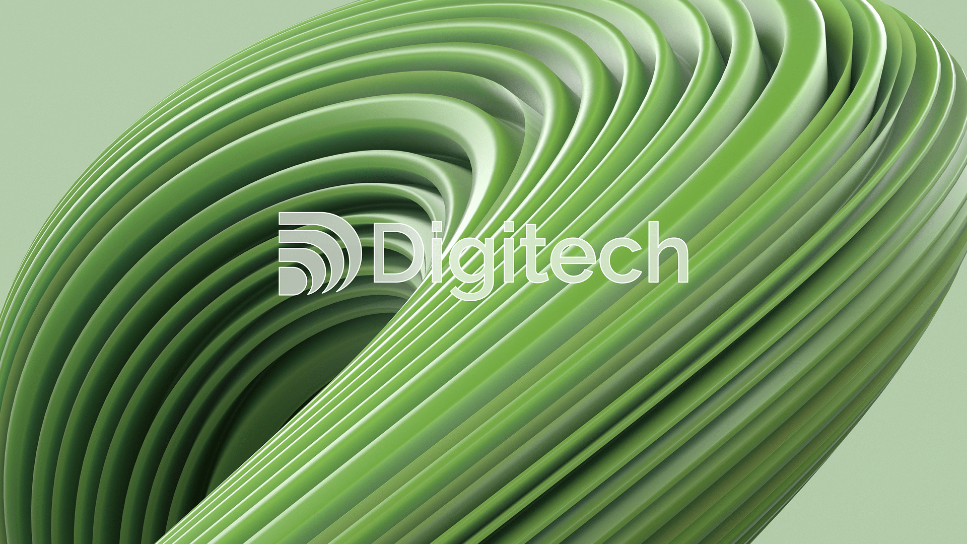 Abstract green layered spiral shape with the Digitech logo and text overlay.