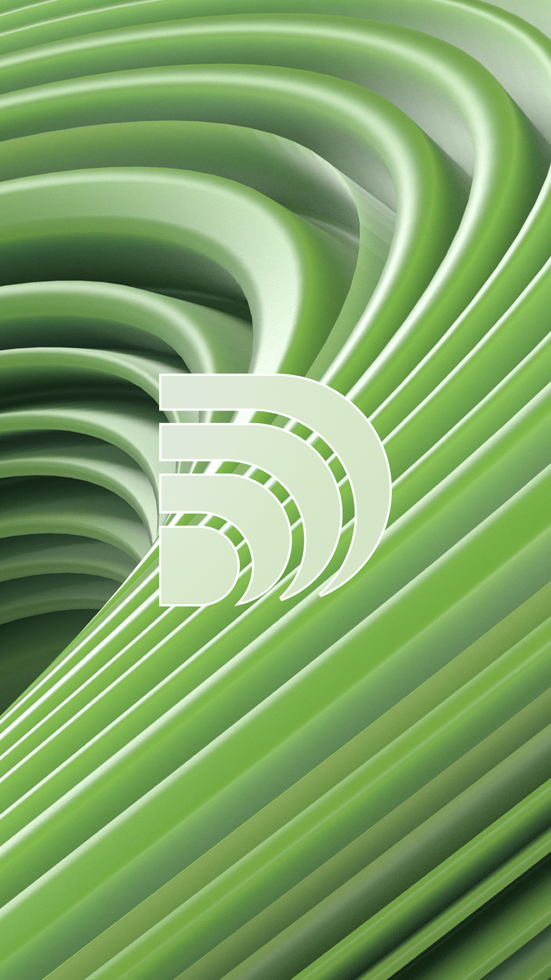 Abstract green layered curves forming a spiral with a light green digital-style logo in the center.