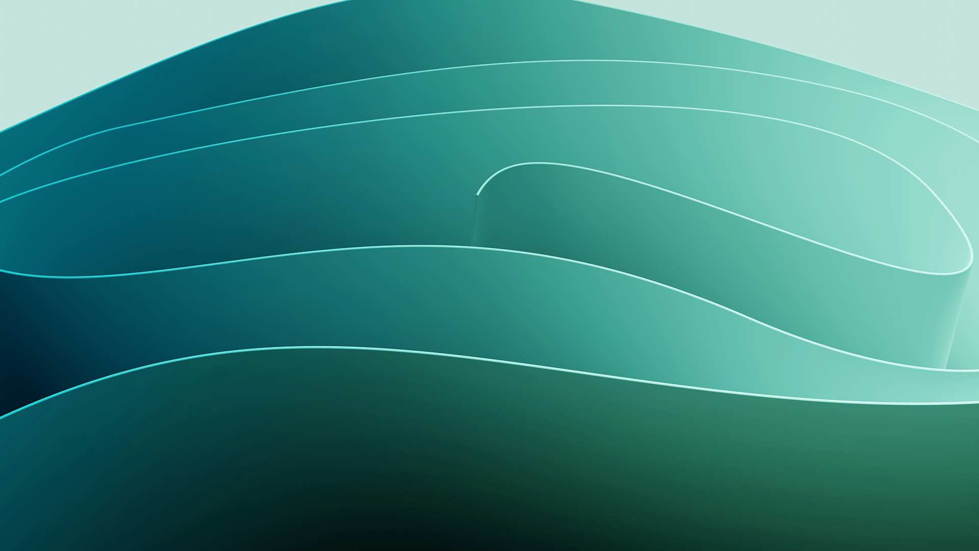 Abstract wavy green and teal layered shapes with thin light lines creating a smooth flowing pattern.