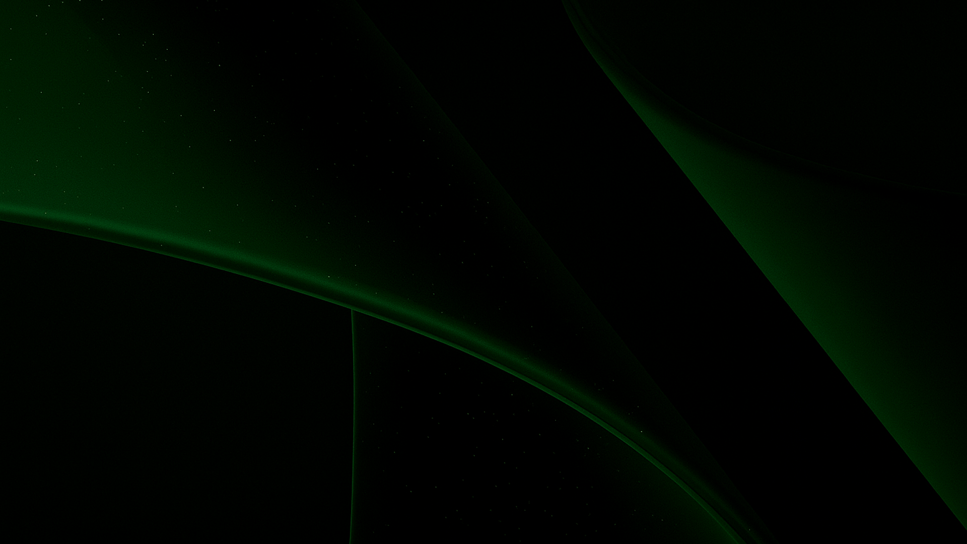 Abstract dark background with flowing green curved lines and subtle scattered green specks.