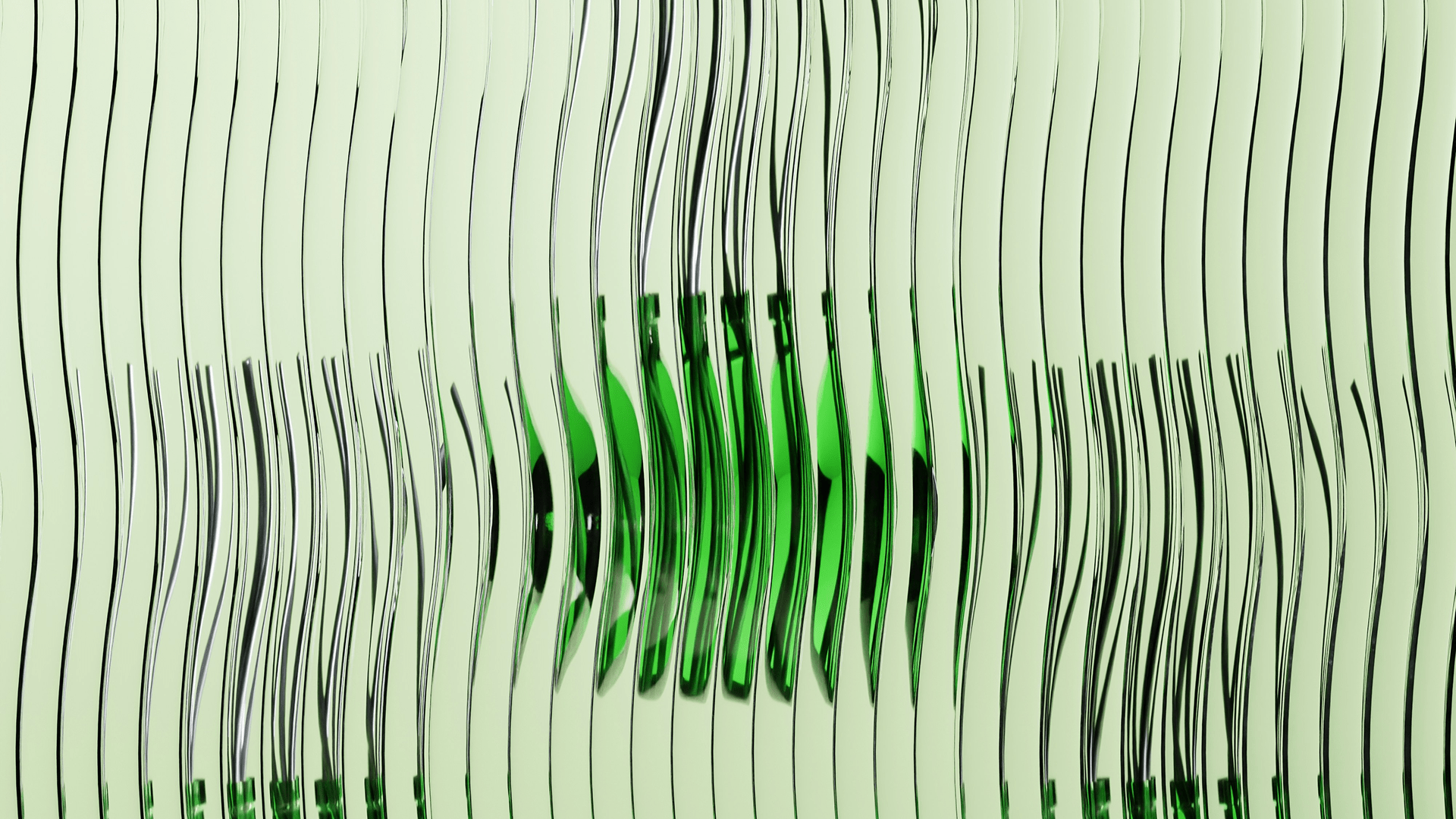 Green object distorted behind vertical wavy glass or plastic strips on a light background.