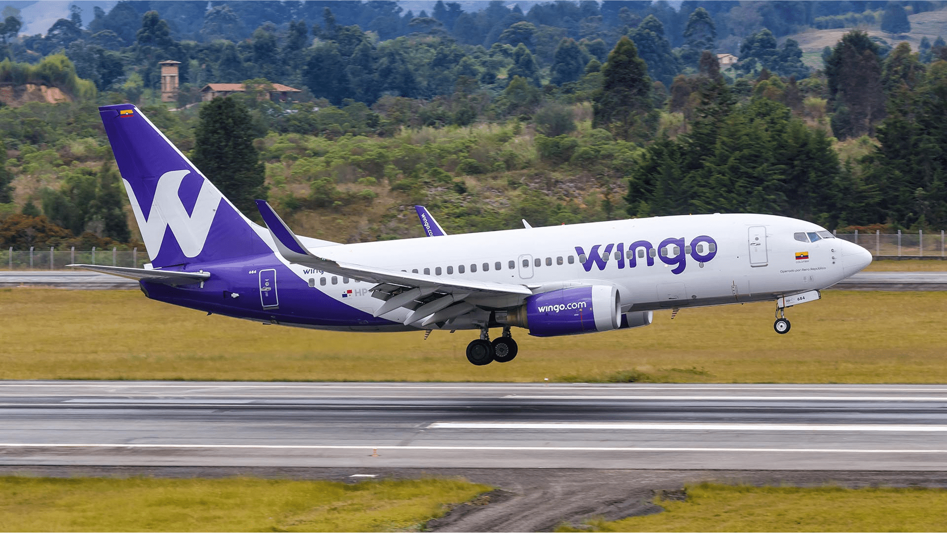 Wingo airplane with purple and white livery taking off from a runway surrounded by green trees and hills.